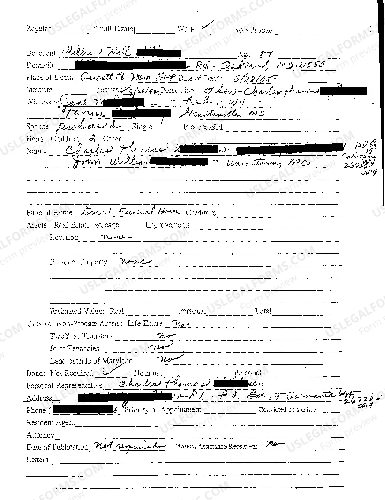 Preview A01 Register of Wills for Will of No Estate