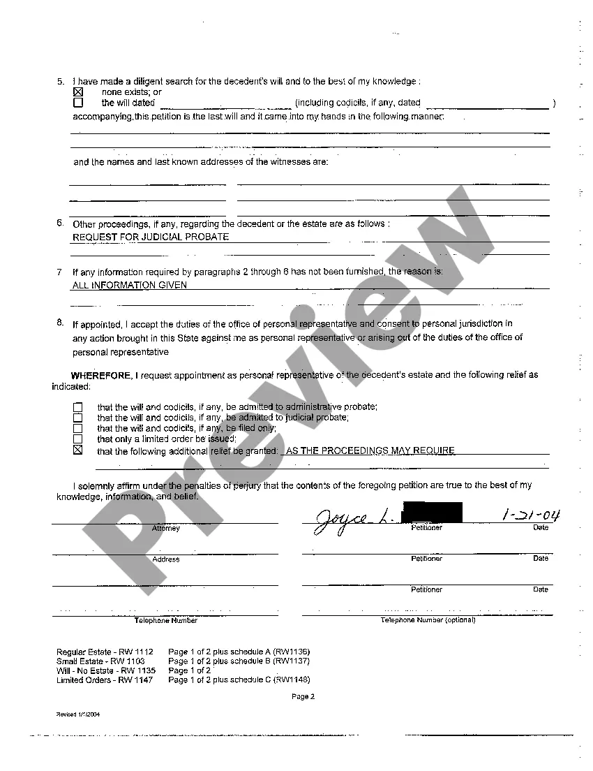 Preview A01 Regular Estate Petition for Administration