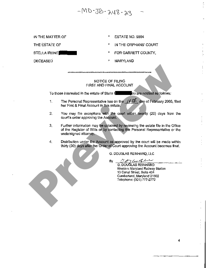 Maryland Notice of Filing First and Final Accounting First And Final