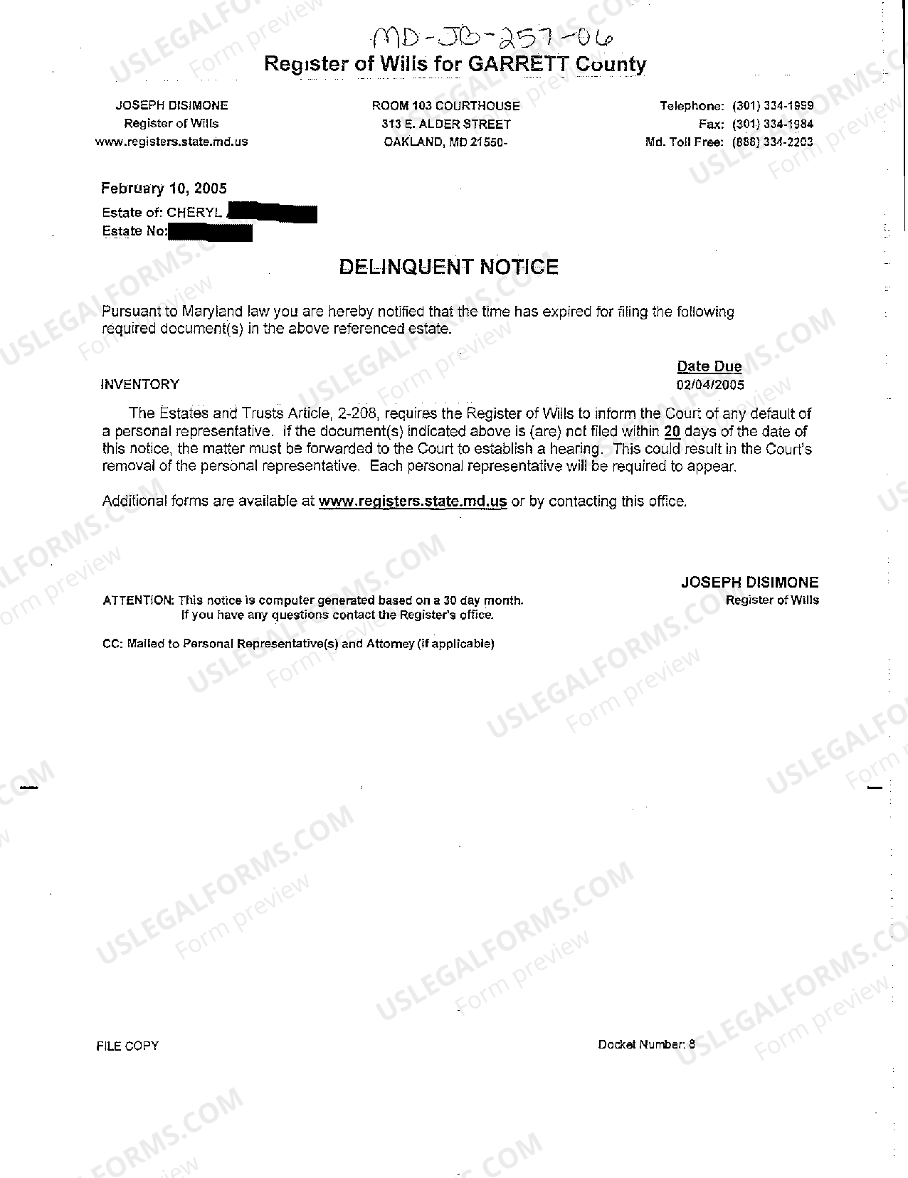 Maryland Delinquent Notice for Expiration of Filing Inventory US