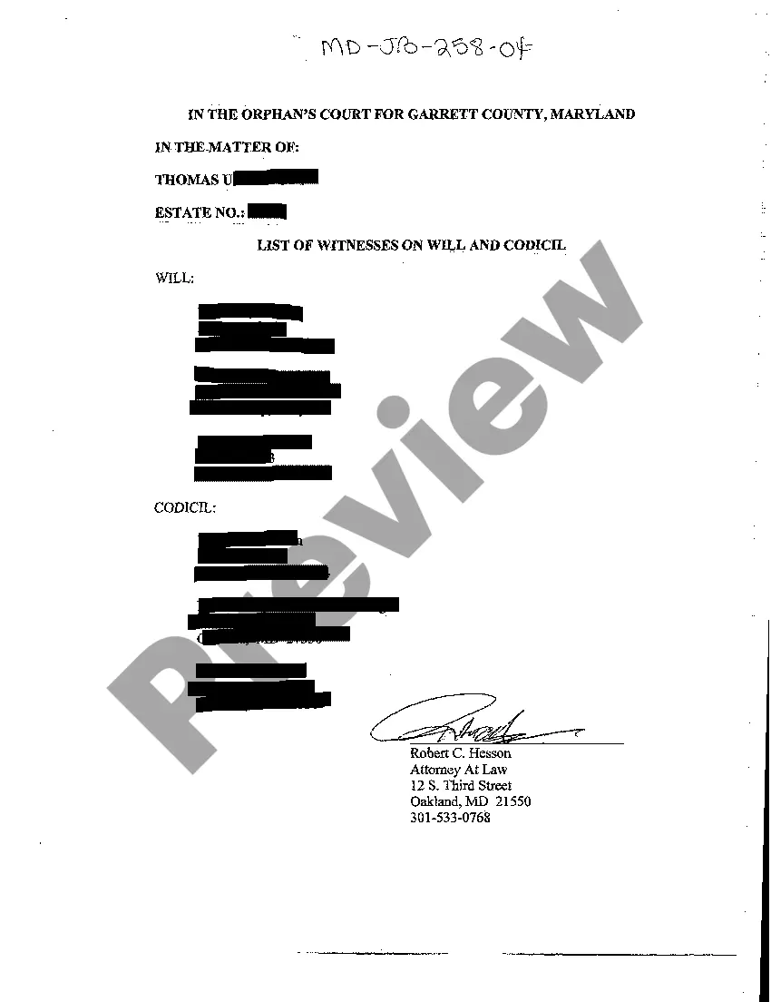 Preview A04 List of Witnesses on Will and Codicil - Will Changes or Amendments