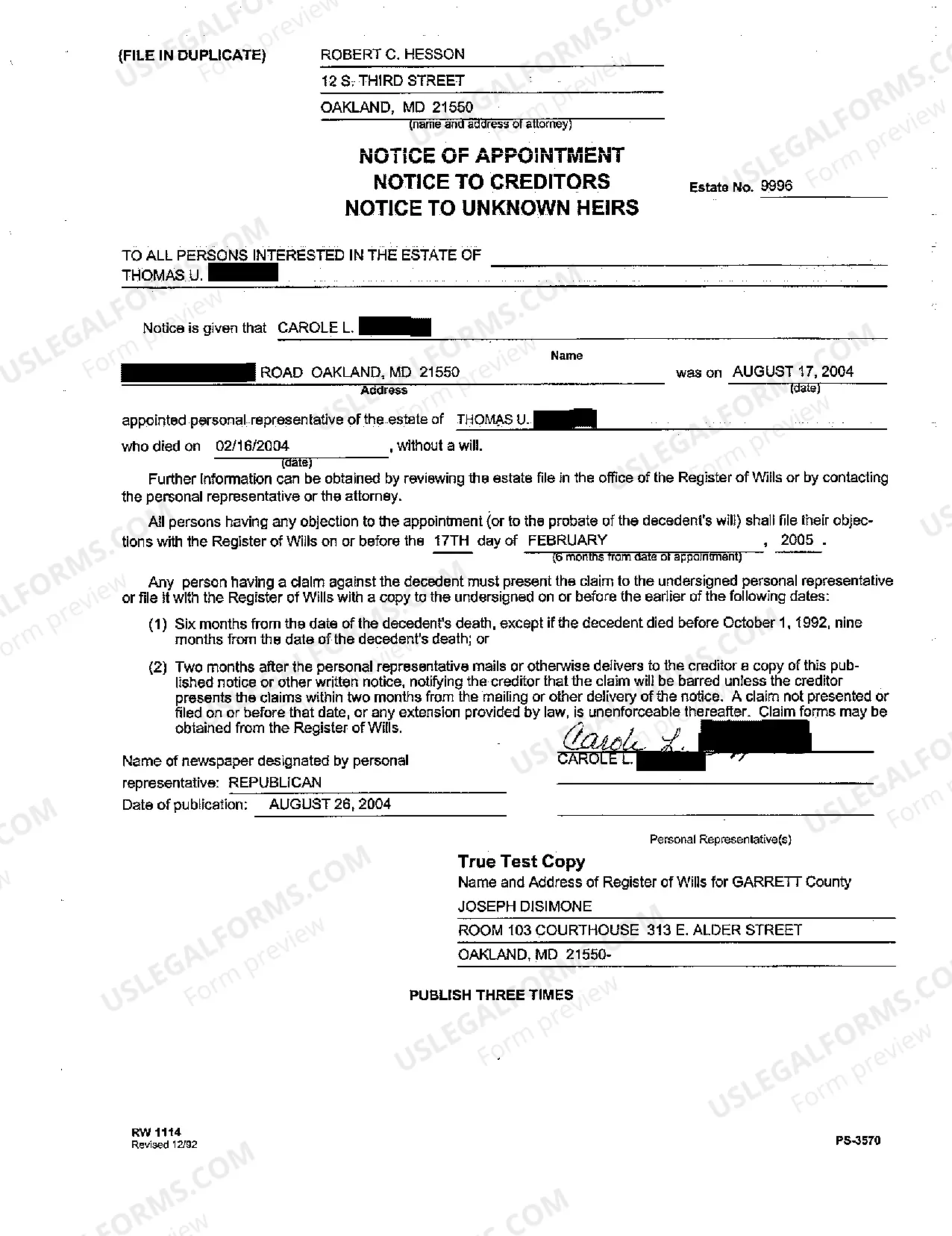 Preview A13 Notice of Appointment, Notice to Creditors, Notice to Unknown Heirs