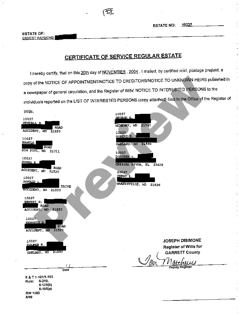 Preview A08 Certificate of Service Regular Estate