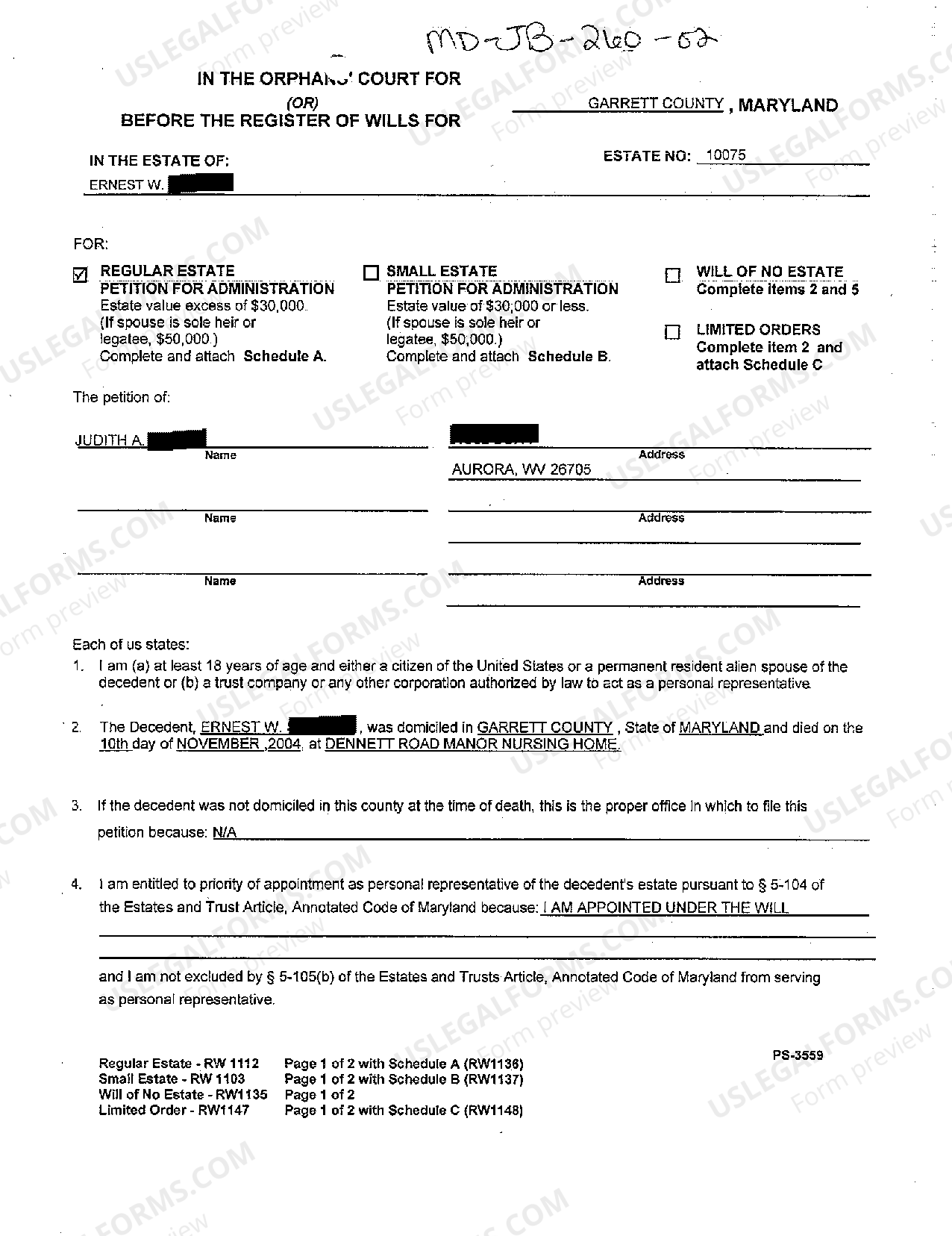 Maryland Probate Intestate Sample Case 10 For Sale US Legal Forms