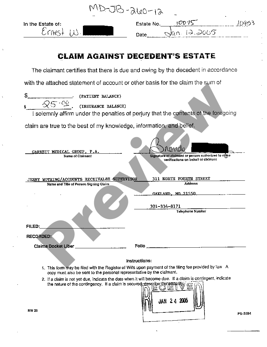 Maryland Claim Against Decedent's Estate US Legal Forms