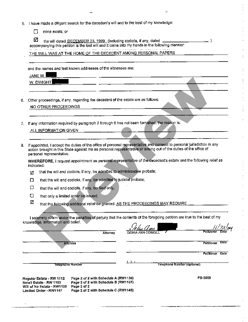 Preview A02 Regular Estate Petition for Administration