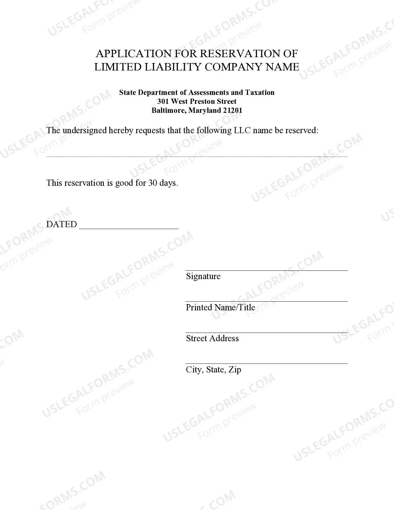 Preview Maryland Application for Reservation of LLC Name