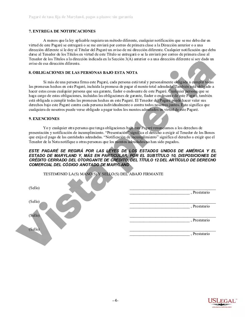 Preview Pagaré de pago a plazos no garantizado de Maryland para tasa fija