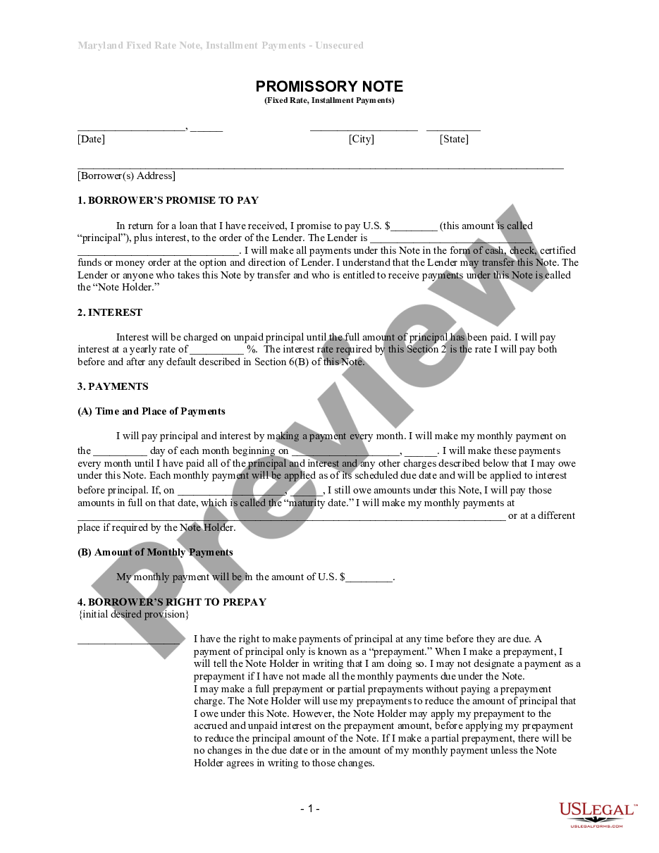 form Maryland Unsecured Installment Payment Promissory Note for Fixed Rate preview