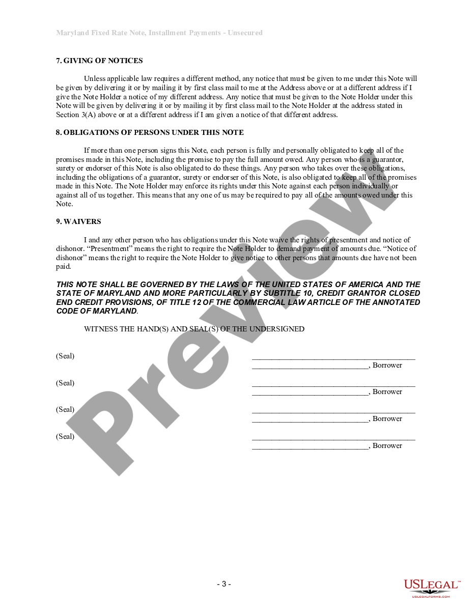 form Maryland Unsecured Installment Payment Promissory Note for Fixed Rate preview