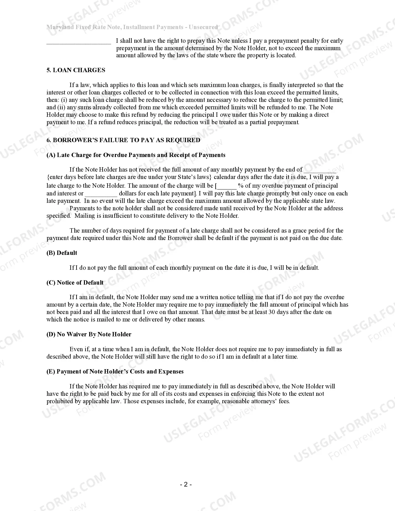Preview Maryland Unsecured Installment Payment Promissory Note for Fixed Rate