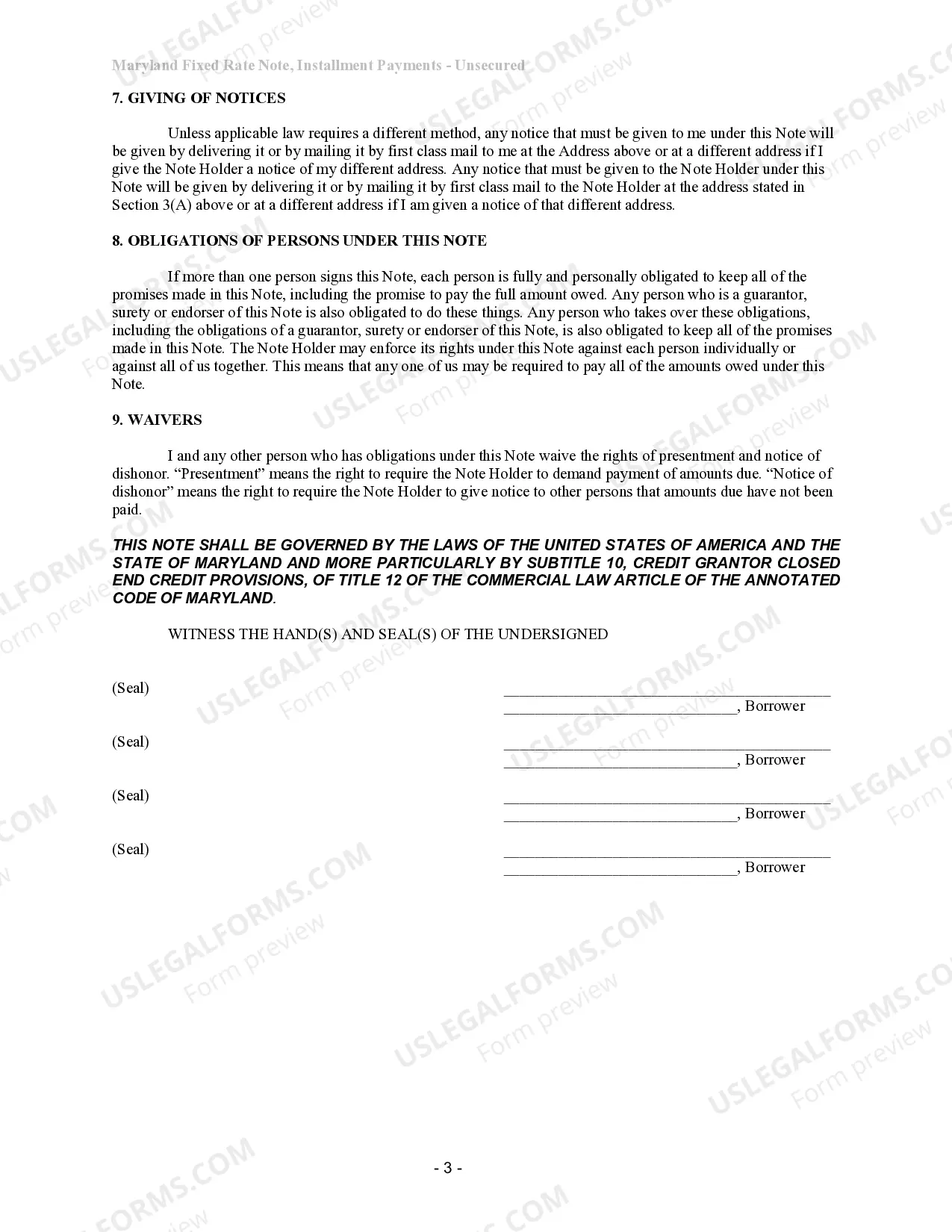 Preview Maryland Unsecured Installment Payment Promissory Note for Fixed Rate
