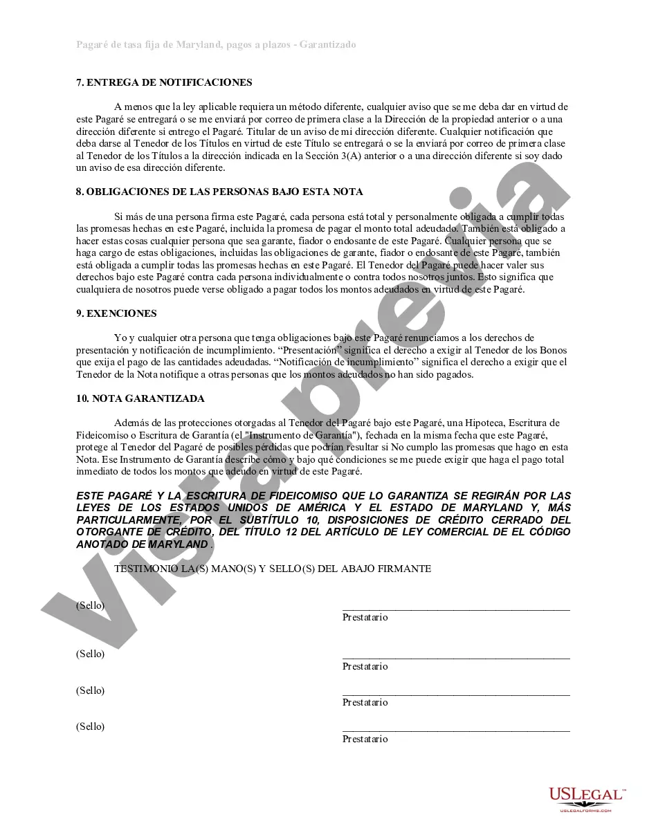 Preview Pagaré de tasa fija a plazos de Maryland garantizado por bienes raíces residenciales