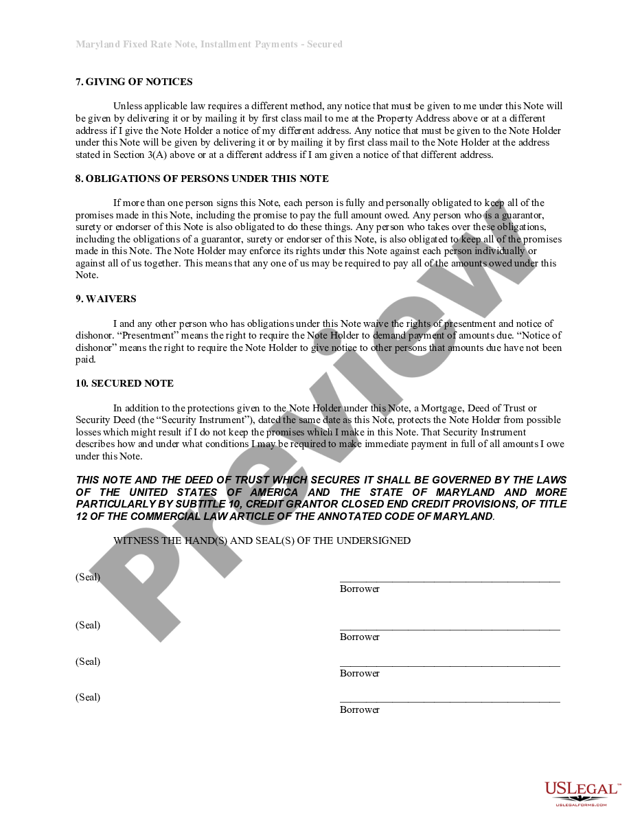page 2 Maryland Installments Fixed Rate Promissory Note Secured by Residential Real Estate preview