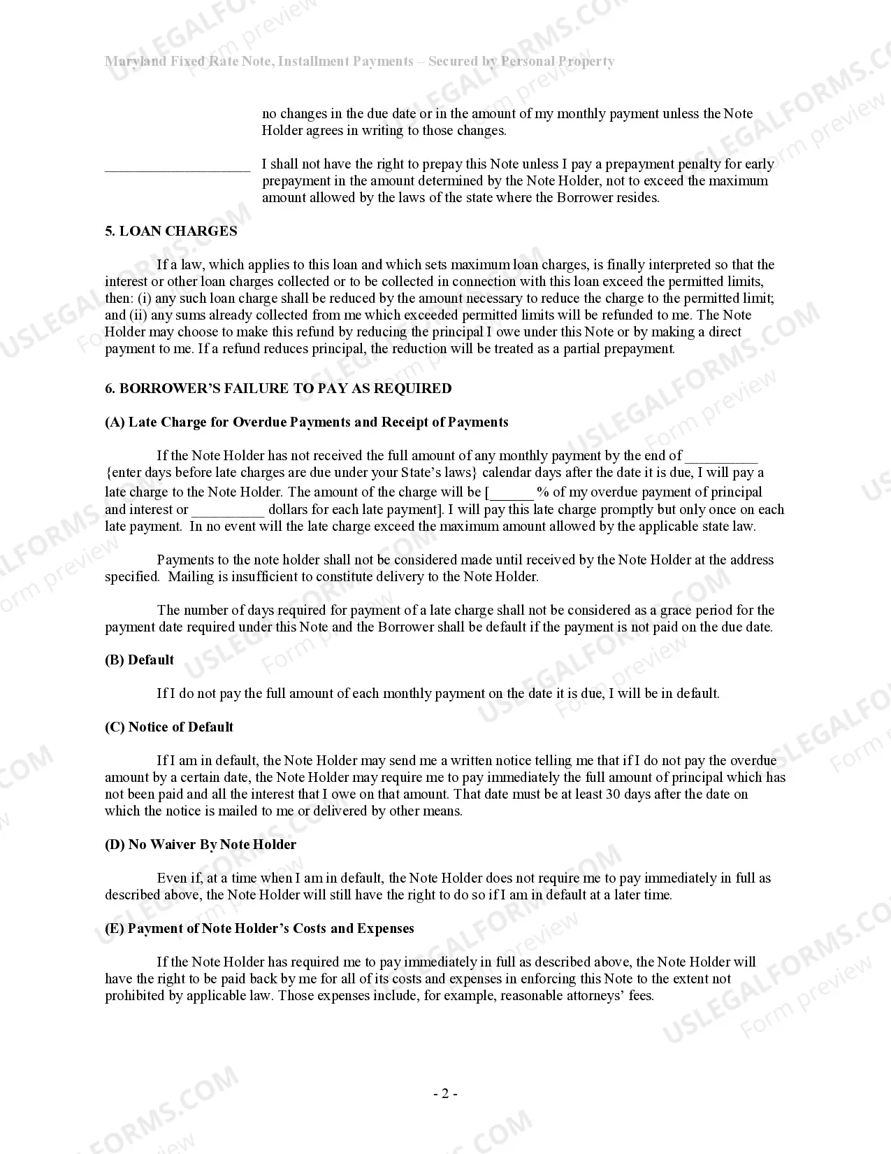 Preview Maryland Installments Fixed Rate Promissory Note Secured by Personal Property