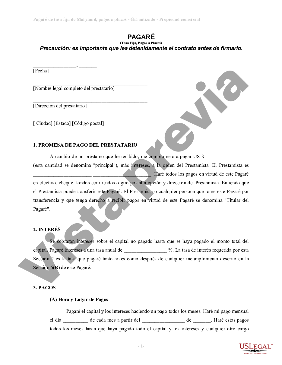 Pagaré De Tasa Fija A Plazos De Maryland Garantizado Por Bienes Raíces Comerciales Us Legal Forms 9499