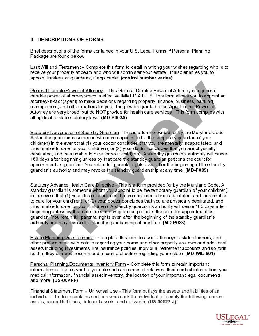 Preview Maryland Life Documents Planning Package, including Will, Power of Attorney and Living Will