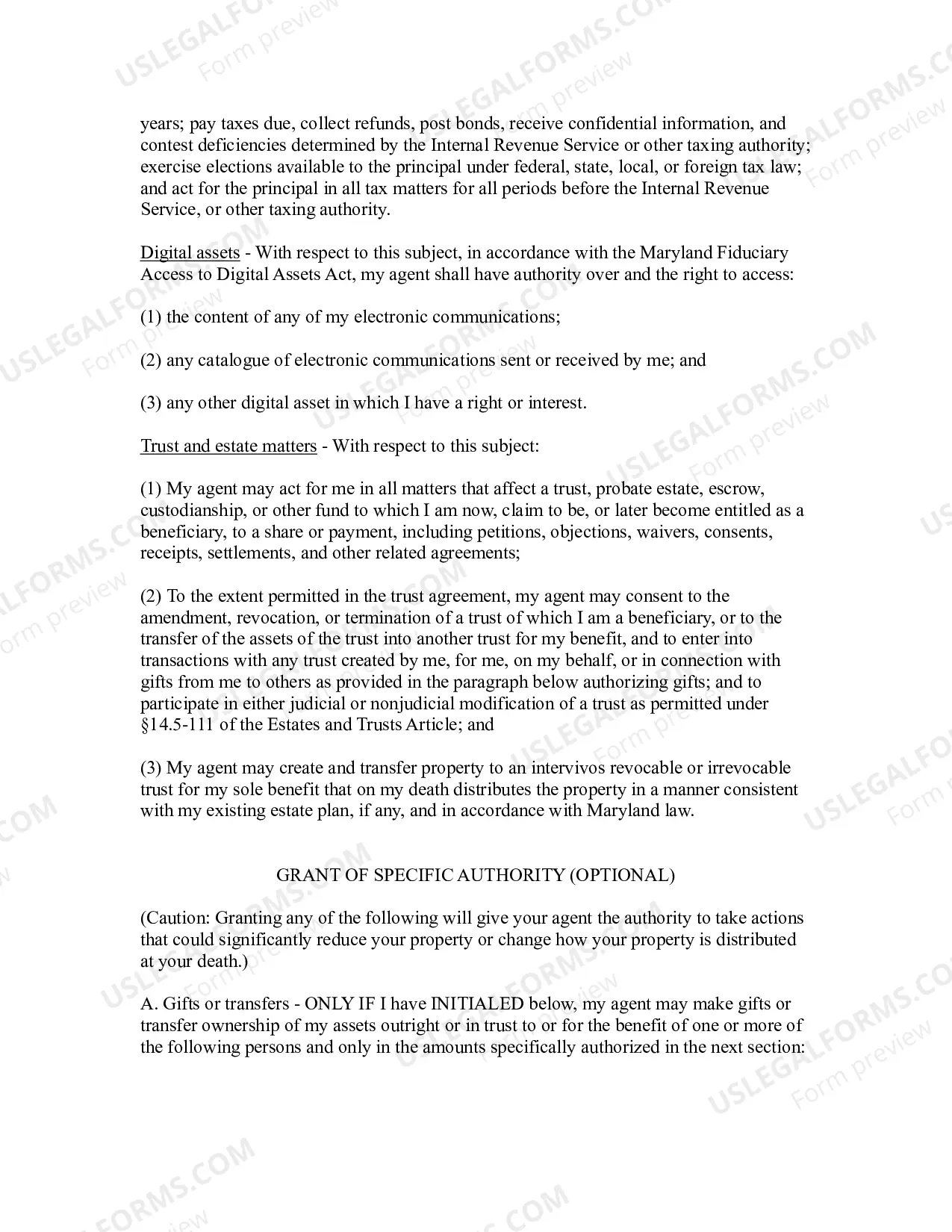 Preview Maryland Statutory Personal Financial Power of Attorney