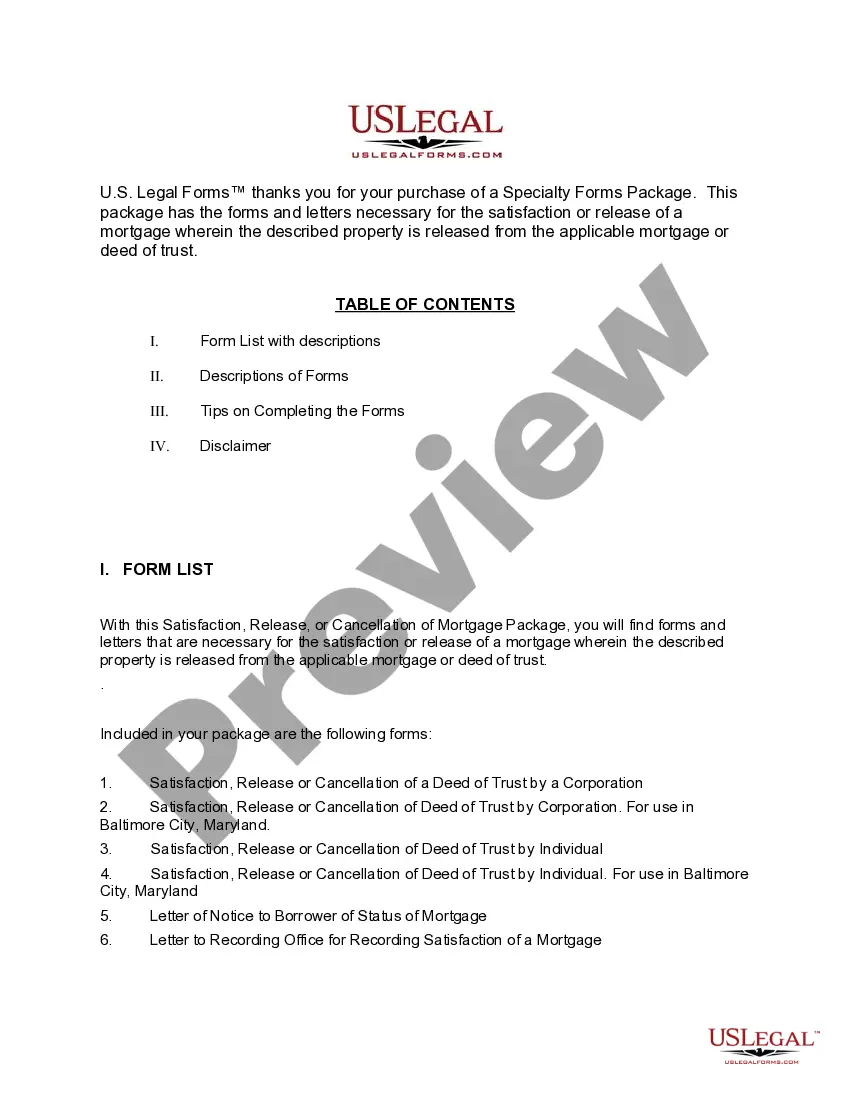 Preview Maryland Satisfaction, Cancellation or Release of Mortgage Package