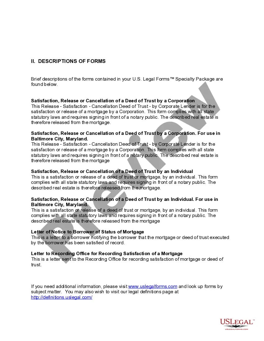 Preview Maryland Satisfaction, Cancellation or Release of Mortgage Package