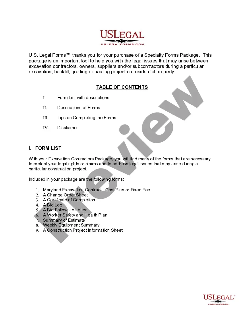 Preview Maryland Excavation Contractor Package