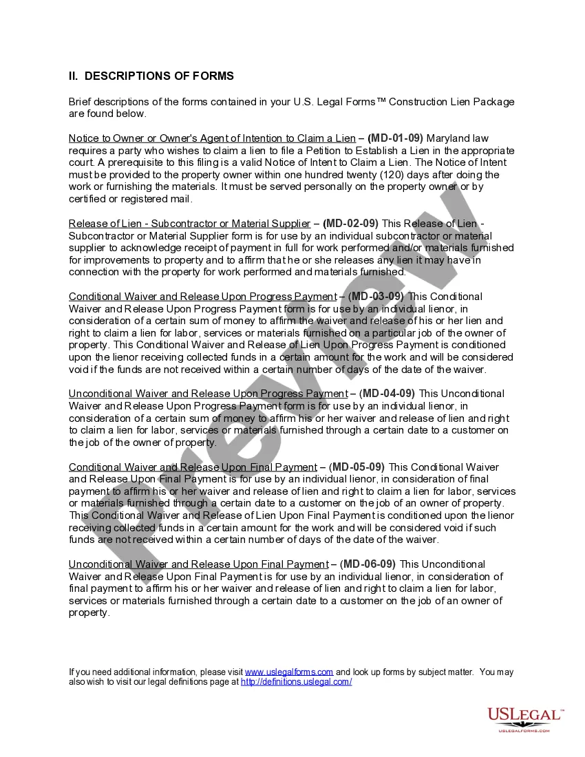 Preview Maryland Construction or Mechanics Lien Package - Individual