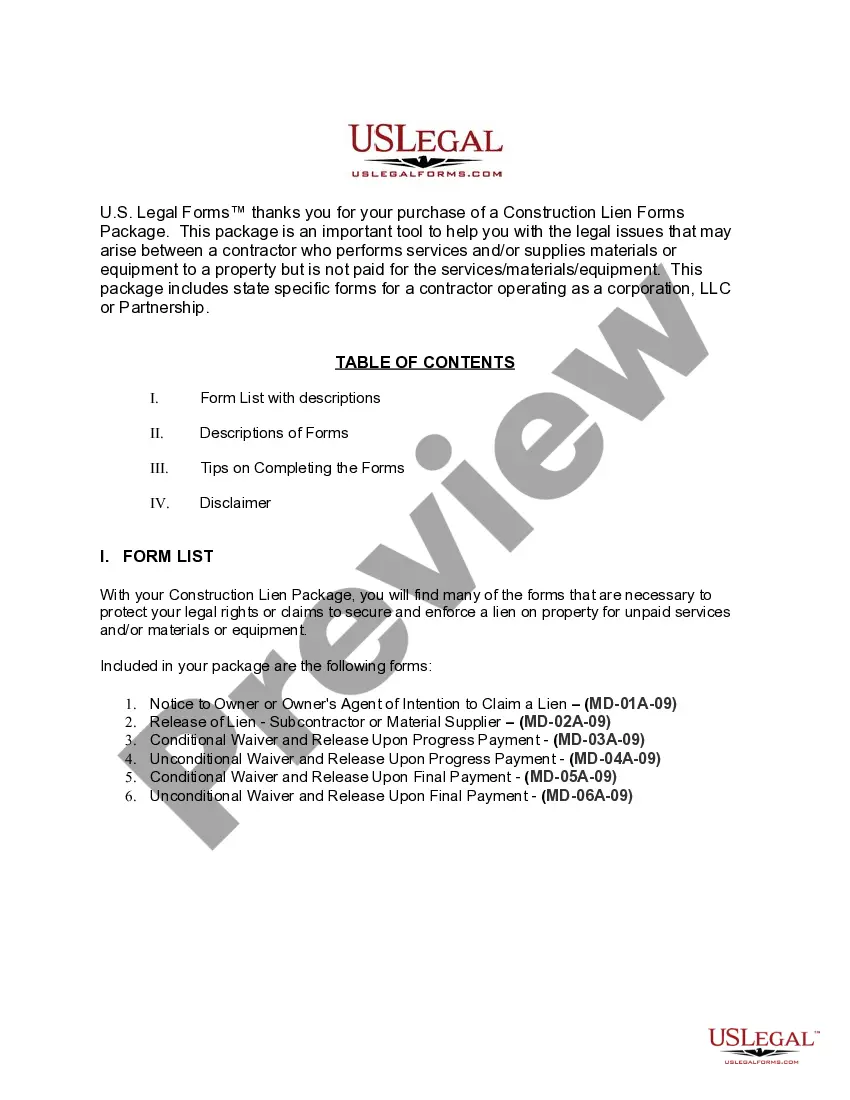 Preview Maryland Construction or Mechanics Lien Package - Corporation or LLC