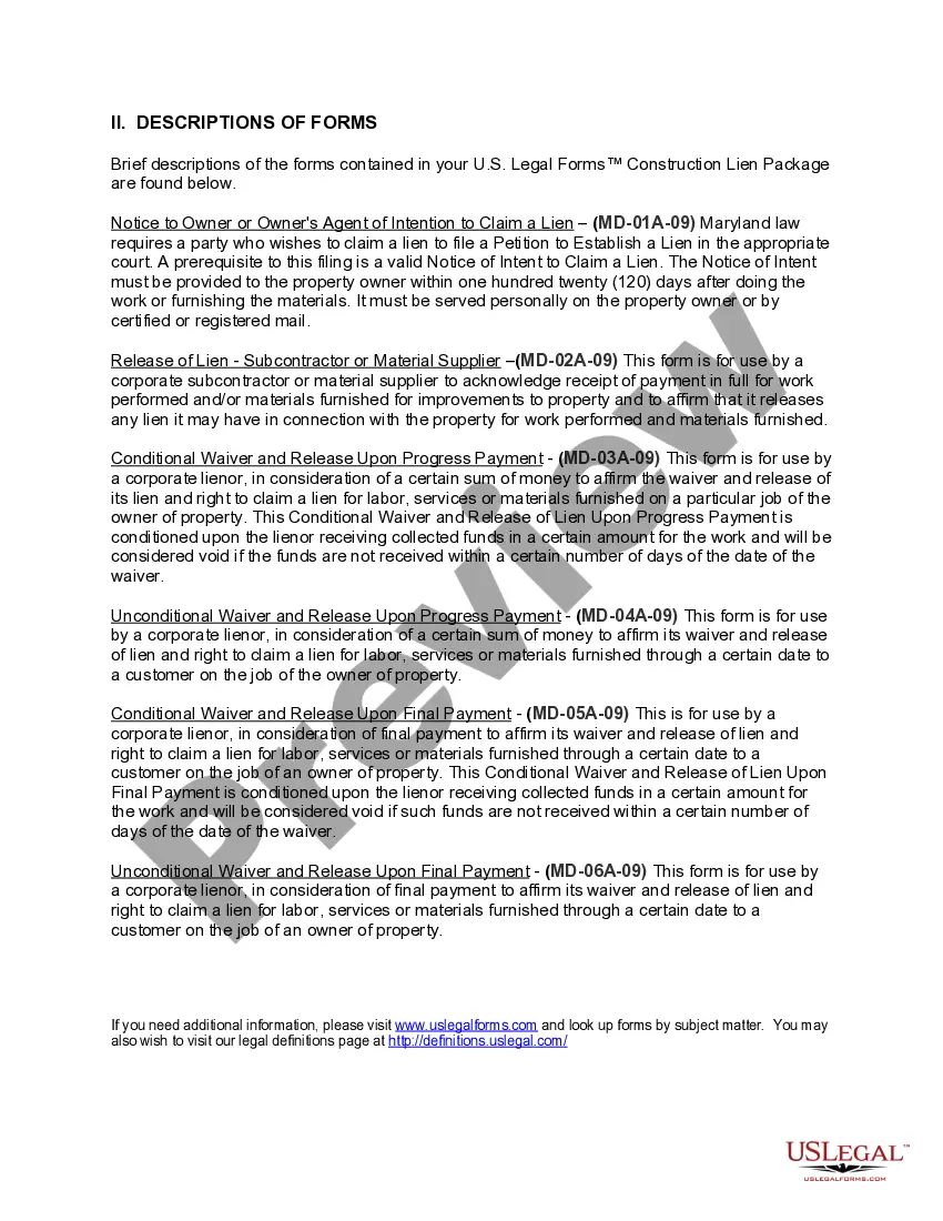 Preview Maryland Construction or Mechanics Lien Package - Corporation or LLC