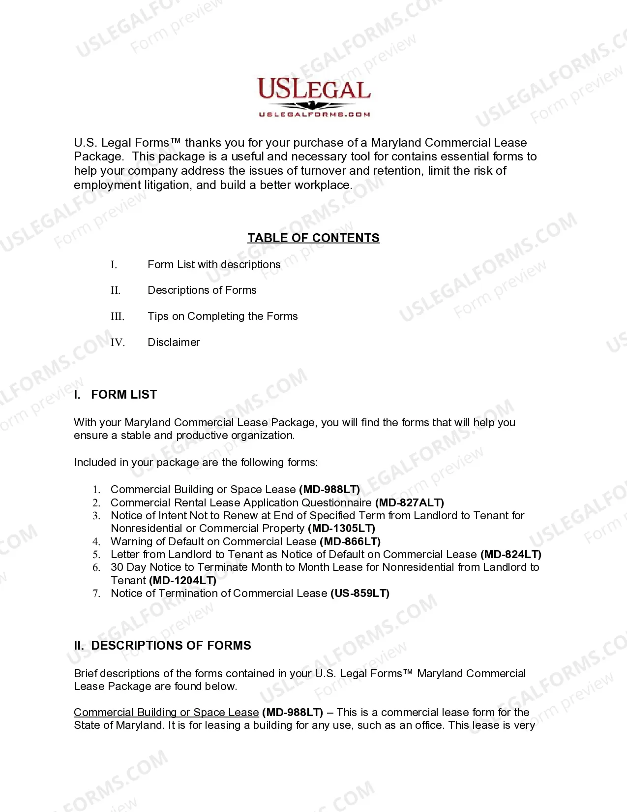 Preview Maryland Commercial Lease Package