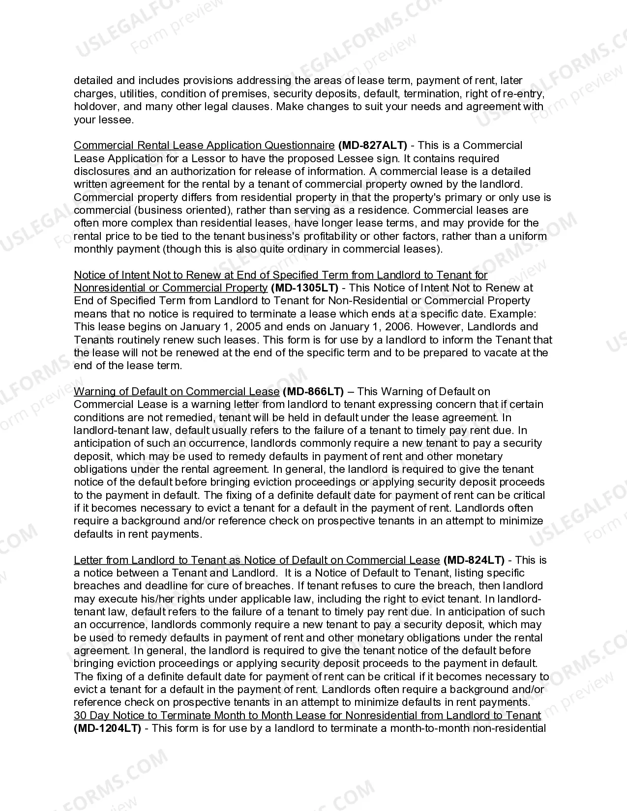 Preview Maryland Commercial Lease Package