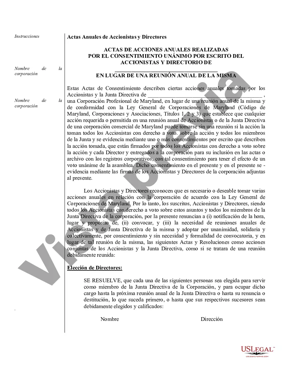Preview Muestra de minutos anuales para una corporación profesional de Maryland