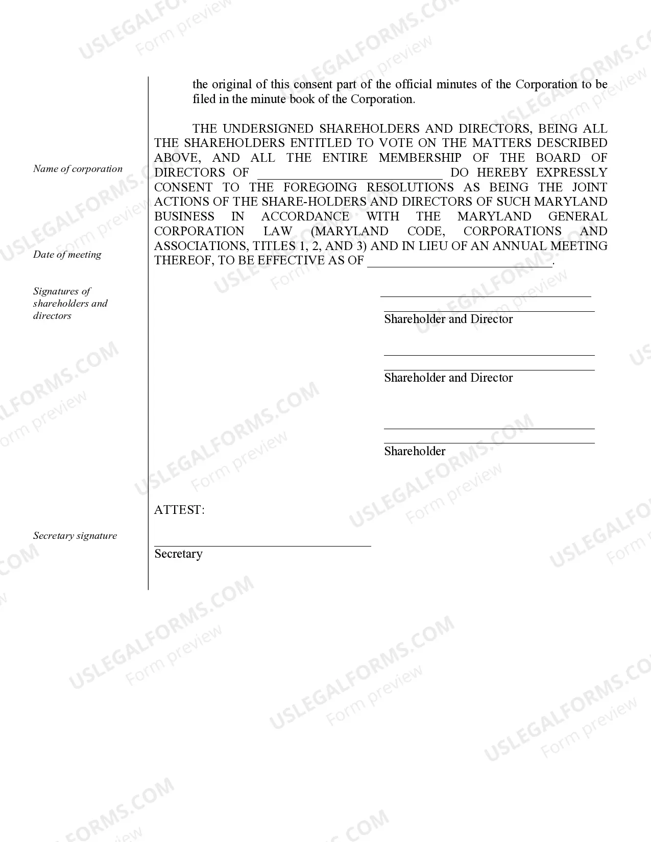 Preview Sample Annual Minutes for a Maryland Professional Corporation