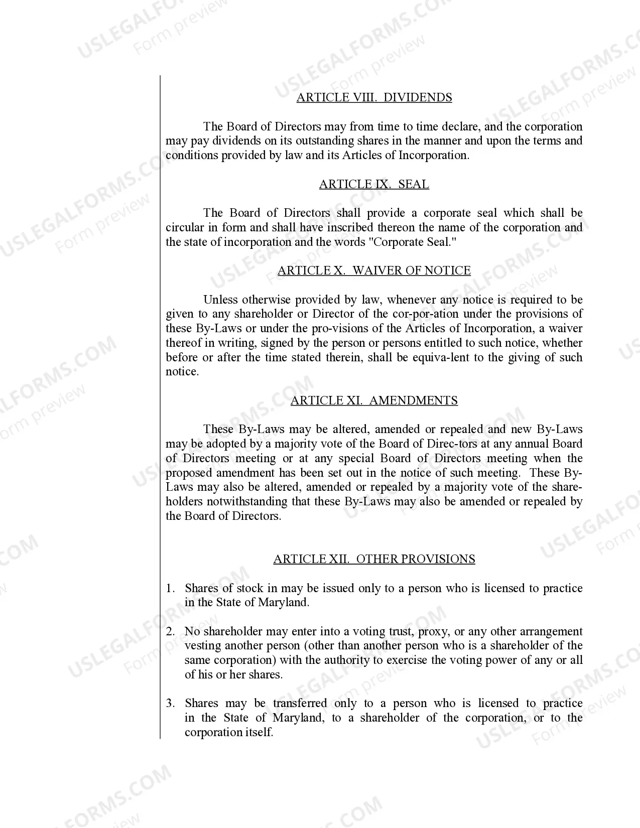 Preview Sample Bylaws for a Maryland Professional Corporation