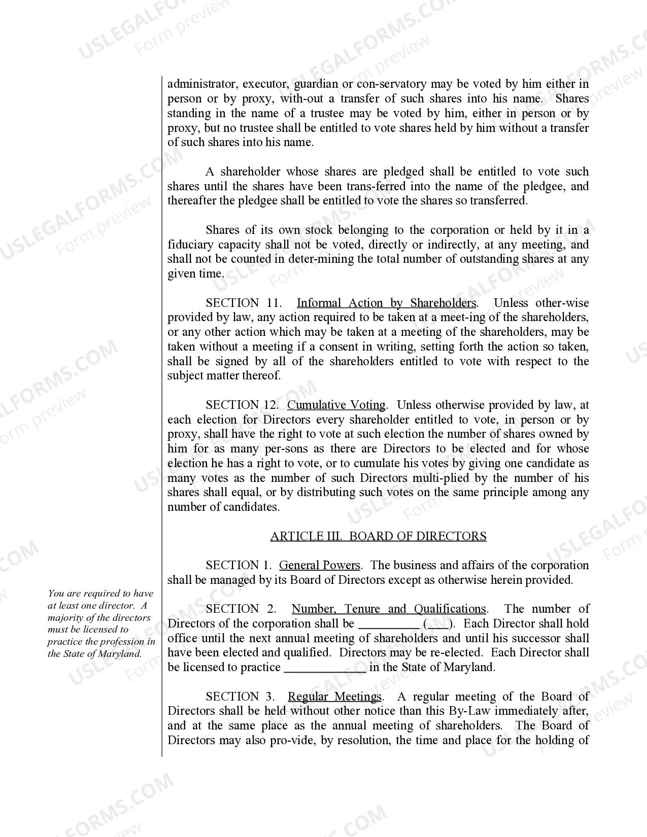 Preview Sample Bylaws for a Maryland Professional Corporation