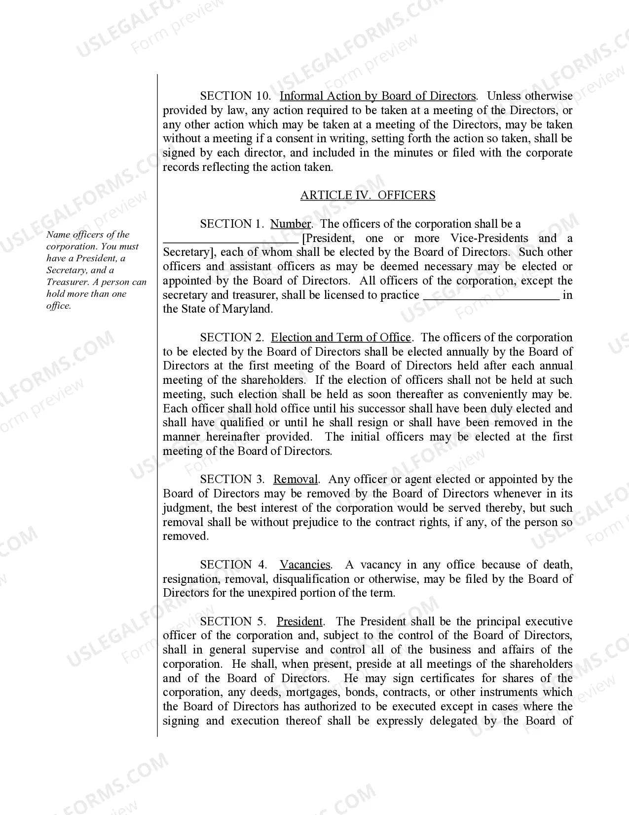 Preview Sample Bylaws for a Maryland Professional Corporation