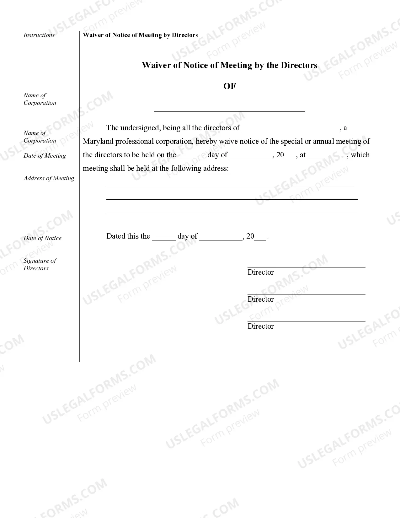 Preview Sample Corporate Records for a Maryland Professional Corporation