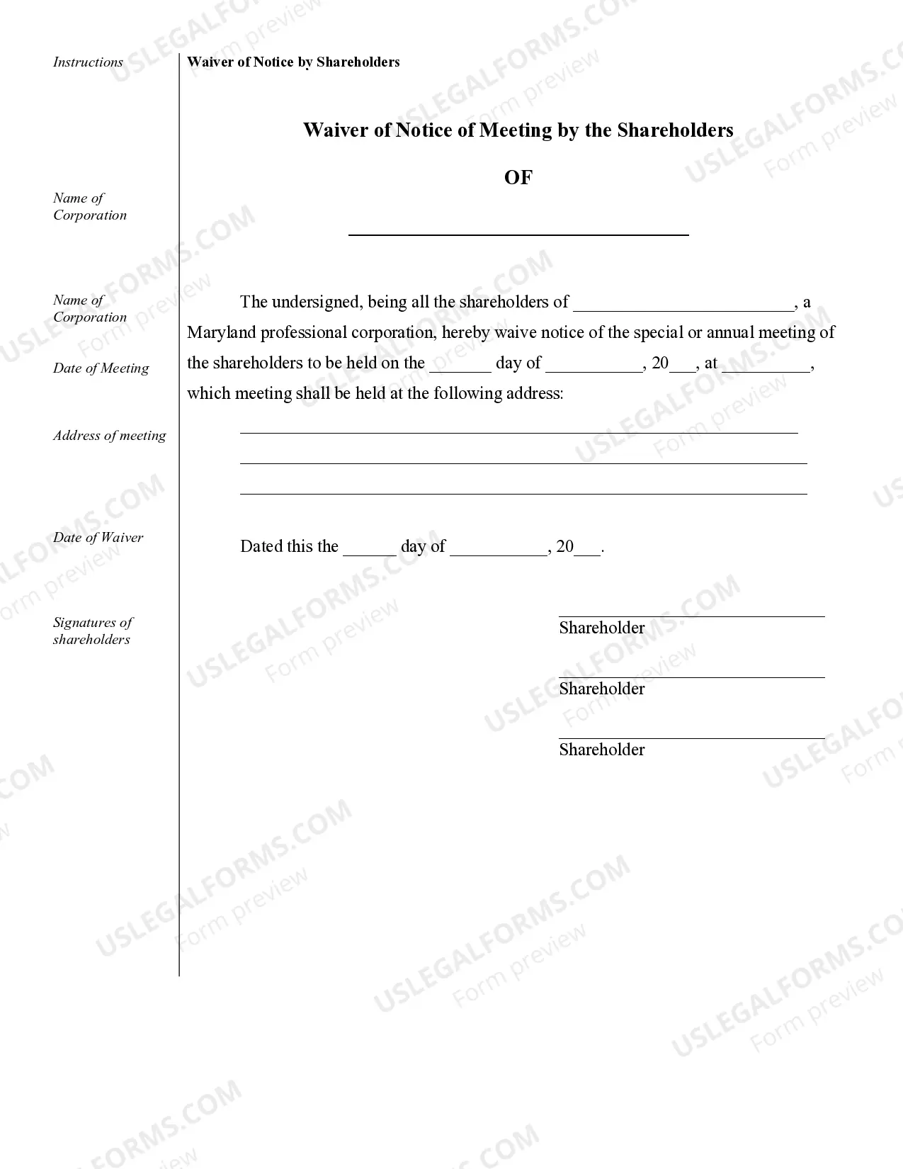 Preview Sample Corporate Records for a Maryland Professional Corporation