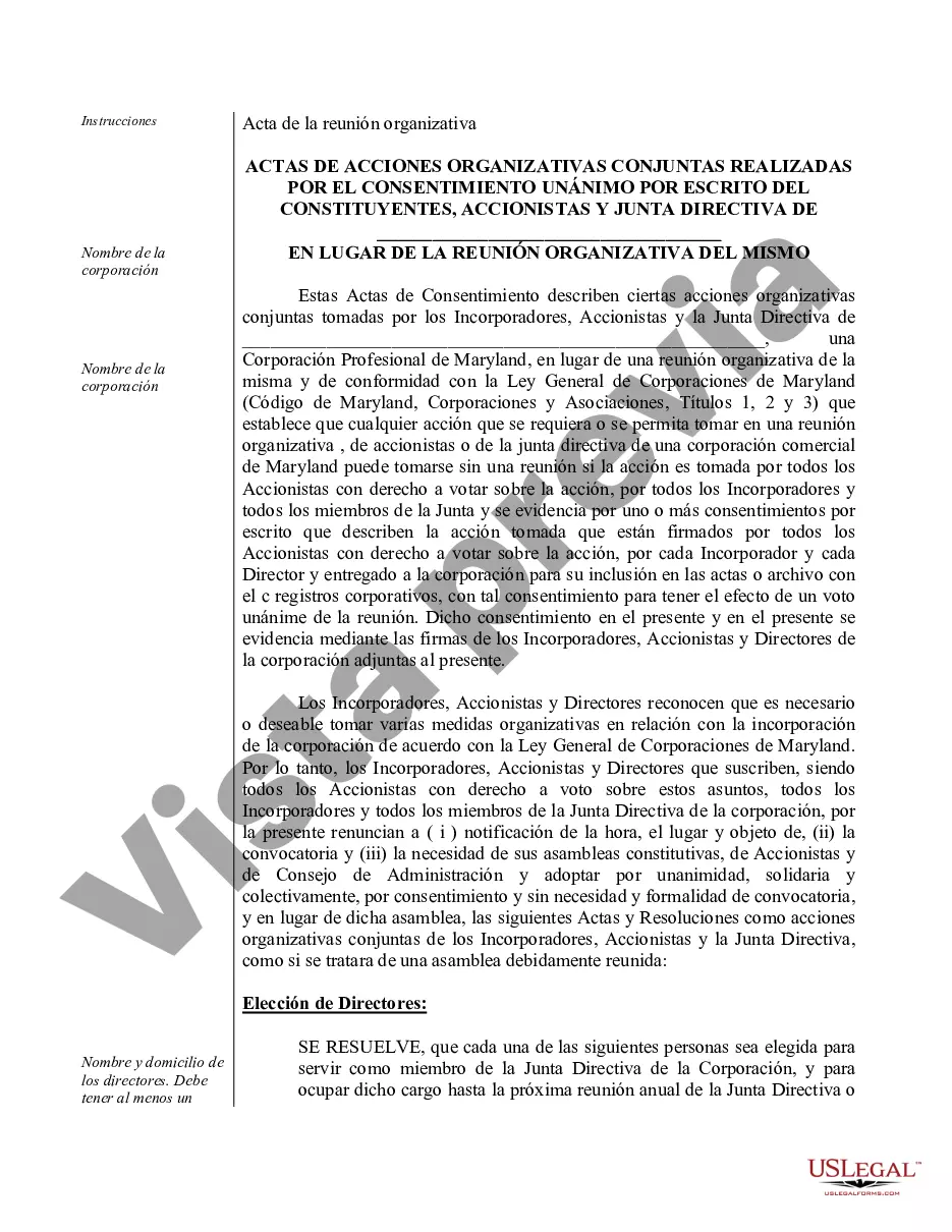 Preview Ejemplo de actas de organización para una corporación profesional de Maryland