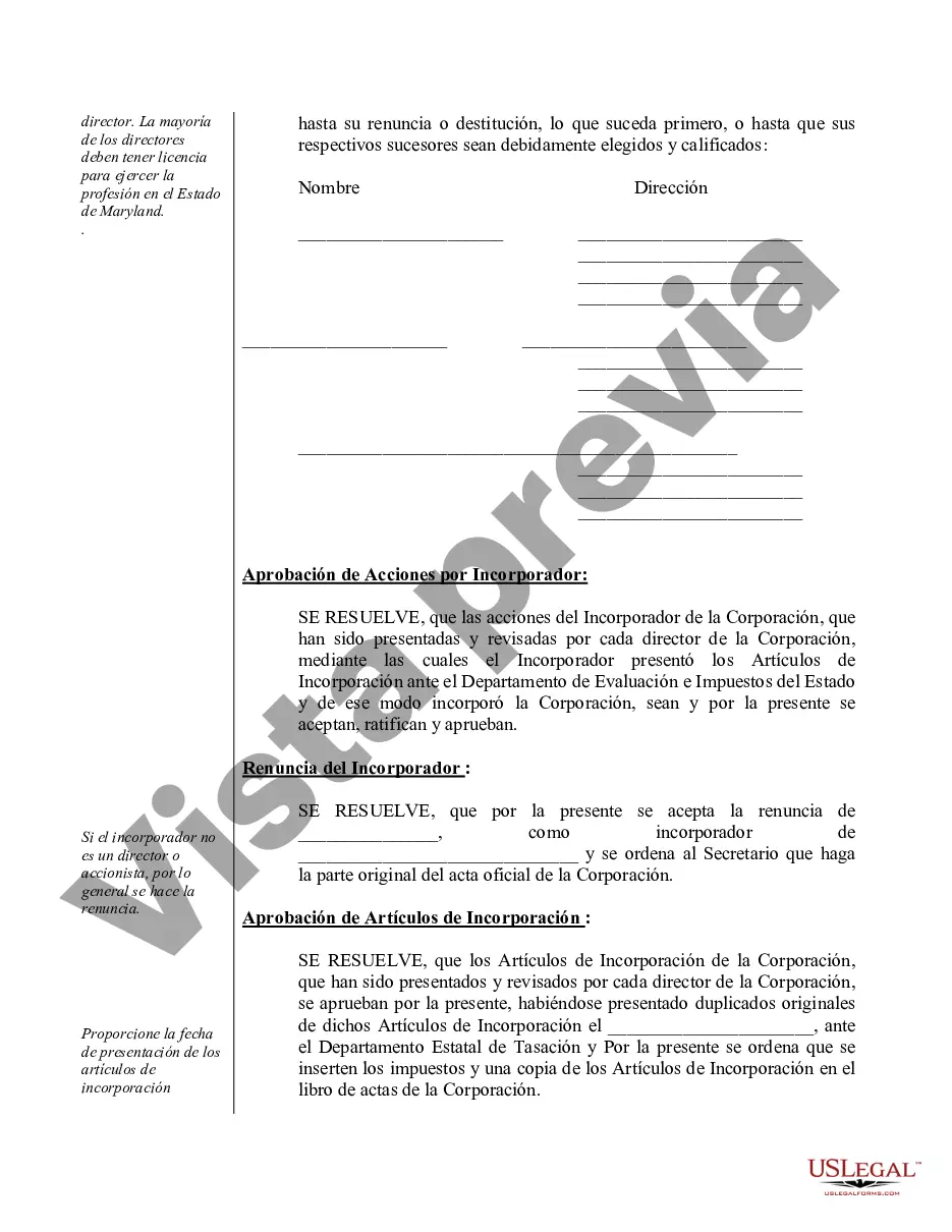 Preview Ejemplo de actas de organización para una corporación profesional de Maryland