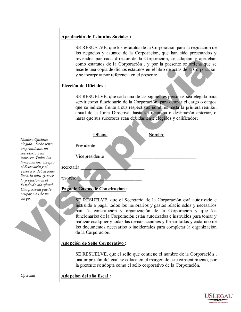 Preview Ejemplo de actas de organización para una corporación profesional de Maryland