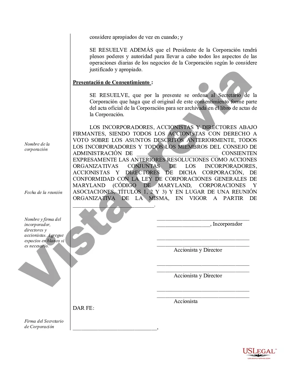 Preview Ejemplo de actas de organización para una corporación profesional de Maryland