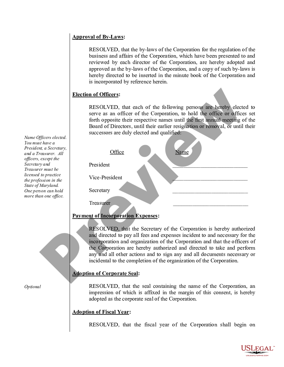 page 3 Sample Organizational Minutes for a Maryland Professional Corporation preview