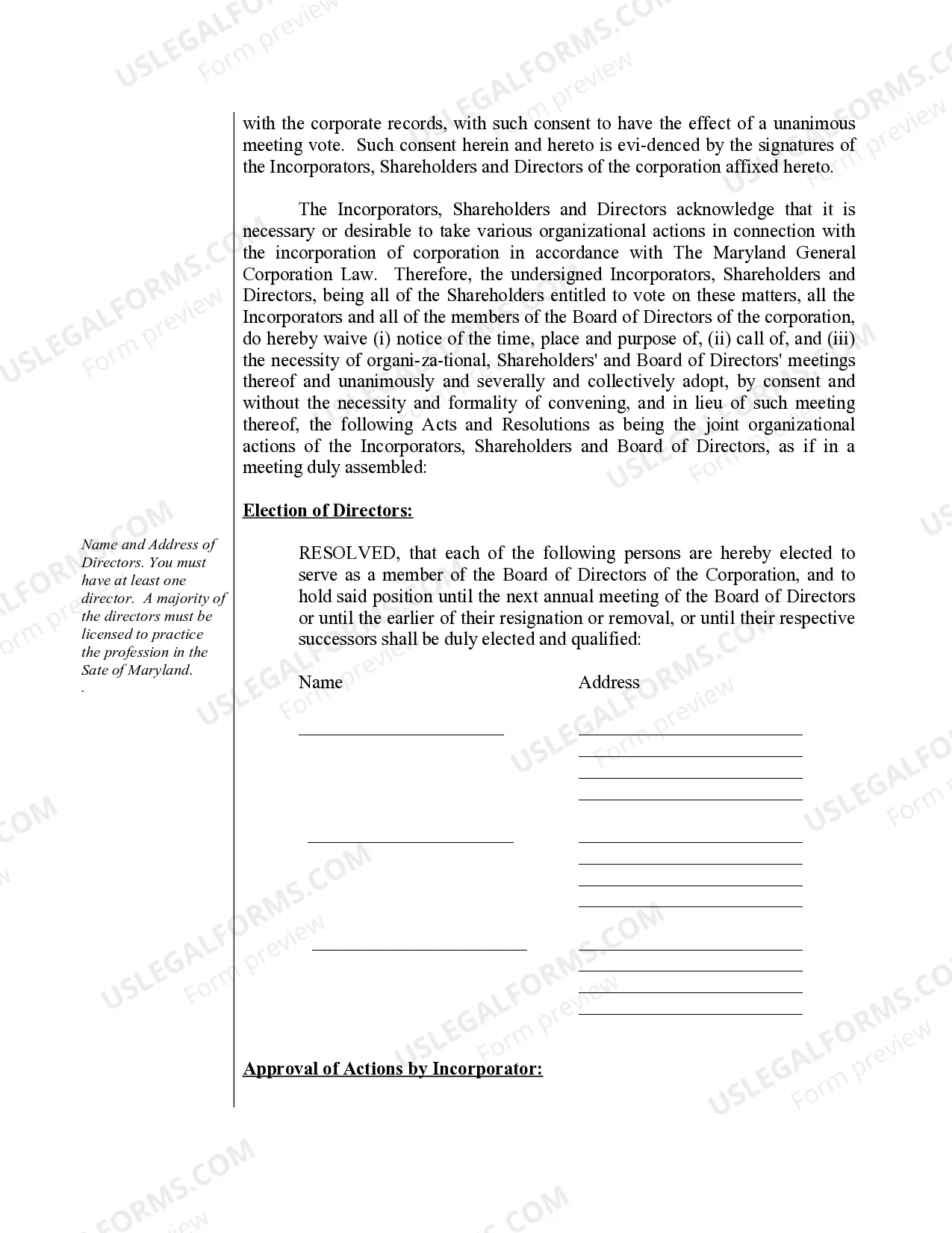 Preview Sample Organizational Minutes for a Maryland Professional Corporation