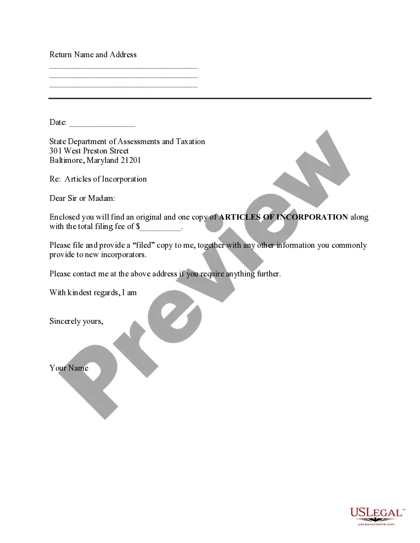 Preview Sample Transmittal Letter for Articles of Incorporation