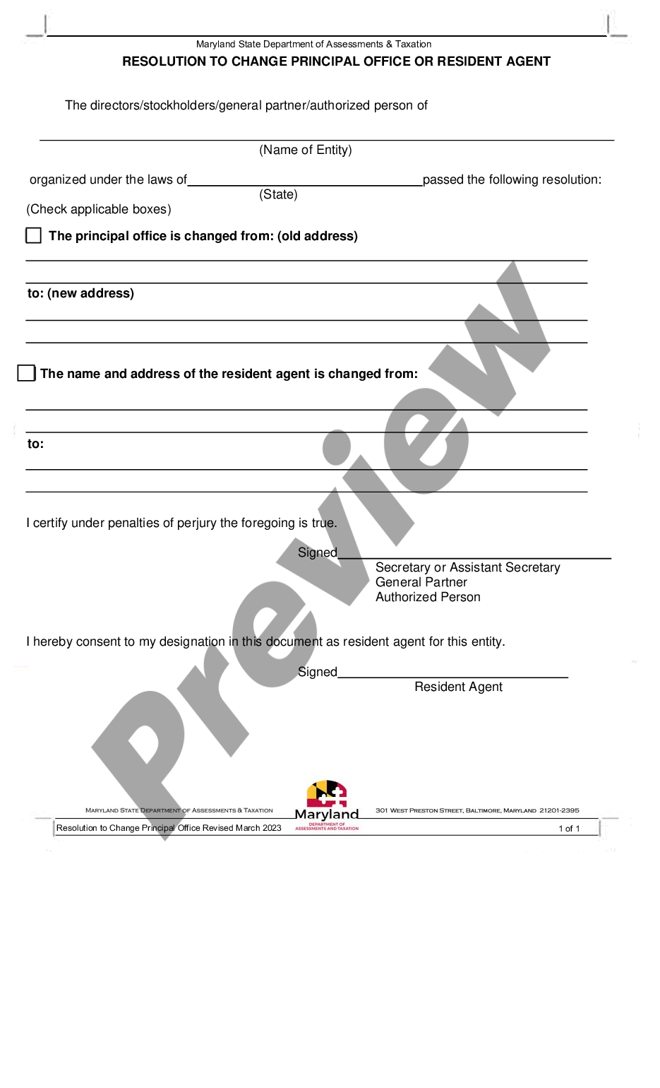 page 0 Maryland Change of Registered Agent preview