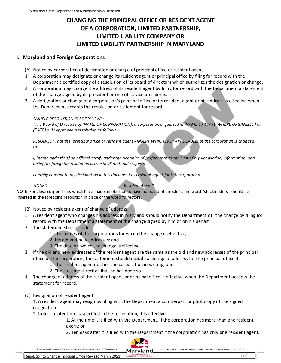 page 1 Maryland Change of Registered Agent preview