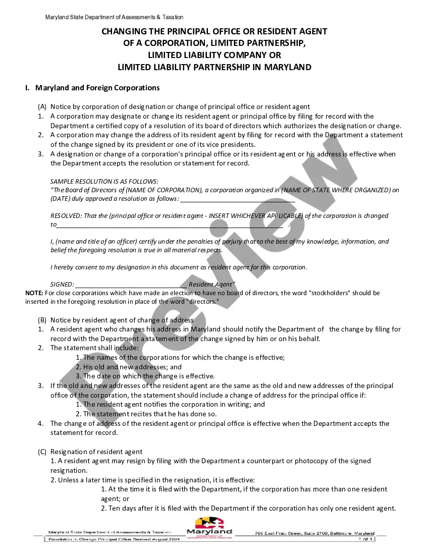 Get Maryland Change of Registered Agent Preview Maryland Change of Registered Agent