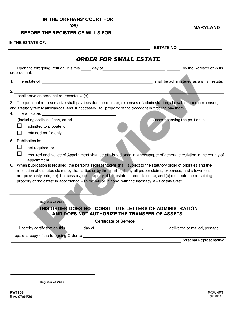 Maryland Order for Small Estate Small Estate Affidavit Maryland US