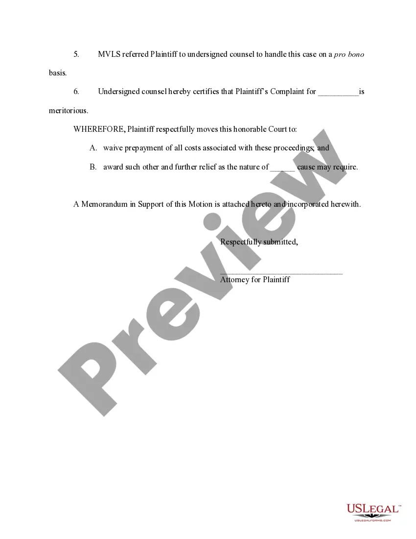 Preview Motion for Waiver of Prepayment of Court Costs and Fees