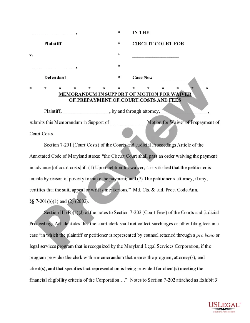 Preview Motion for Waiver of Prepayment of Court Costs and Fees